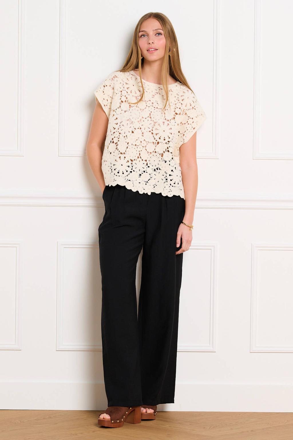 Zwarte dames LOLALIZA high waist pantalon van viscose met loose fit, rits- en knoopsluiting en effen