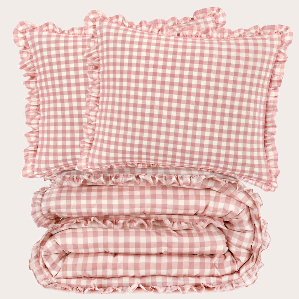 NOUS Living katoenen geruite ruffle lits-jumeaux dekbedovertrek 240x220 cm - roze