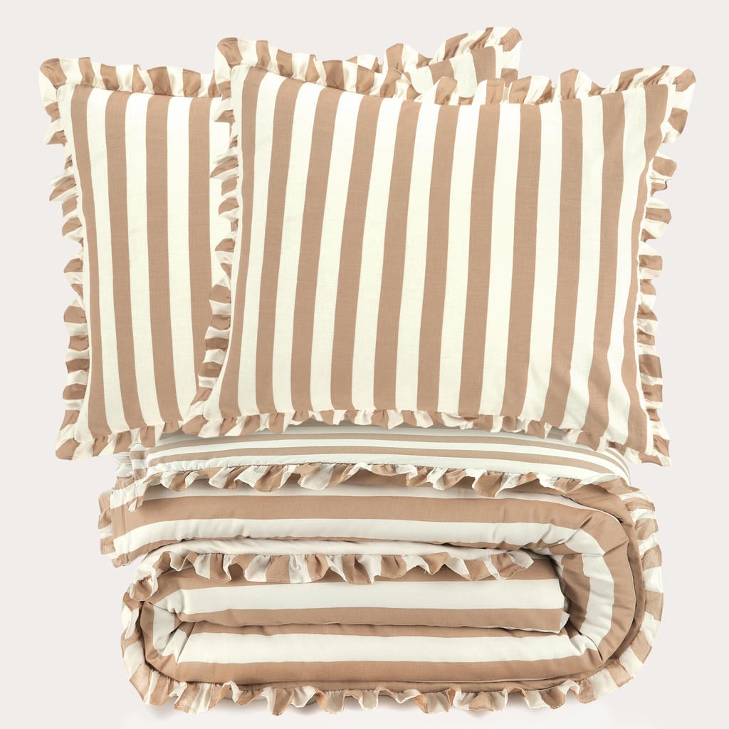 NOUS Living katoenen gestreepte ruffle 2-persoons dekbedovertrek 200x220 cm - beige