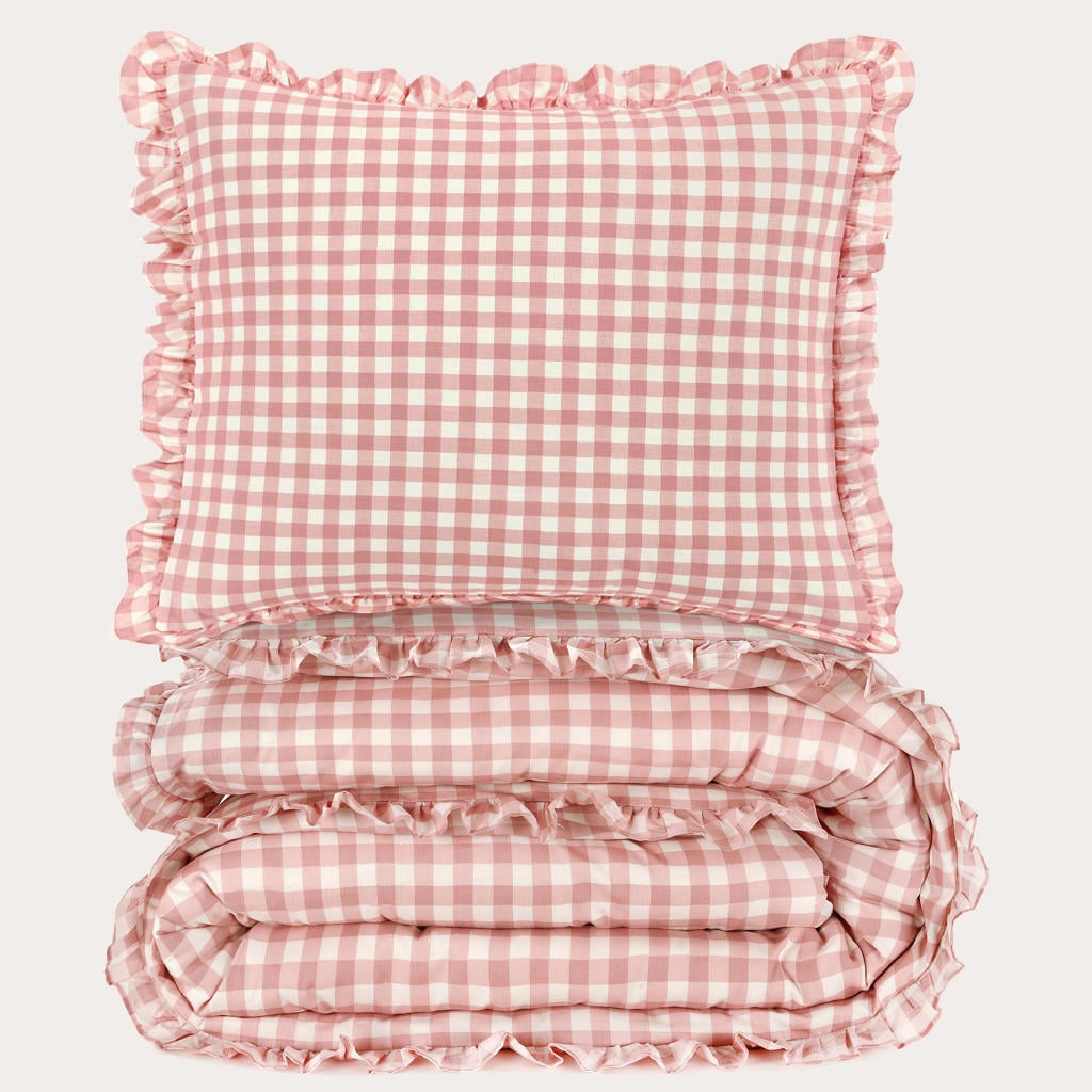 NOUS Living katoenen geruite ruffle 1-persoons dekbedovertrek 140x220 cm - roze