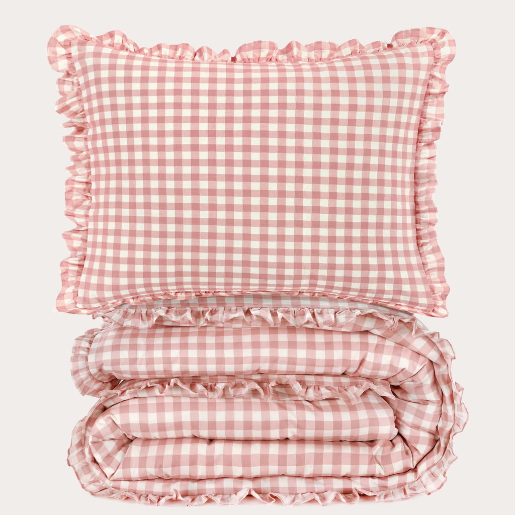 NOUS Kids katoenen geruite ruffle kinderdekbedovertrek 140x200 cm - roze