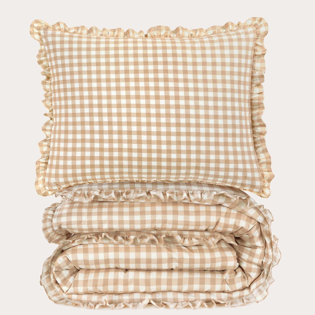 NOUS Kids katoenen geruite ruffle kinderdekbedovertrek 120x150 cm - beige