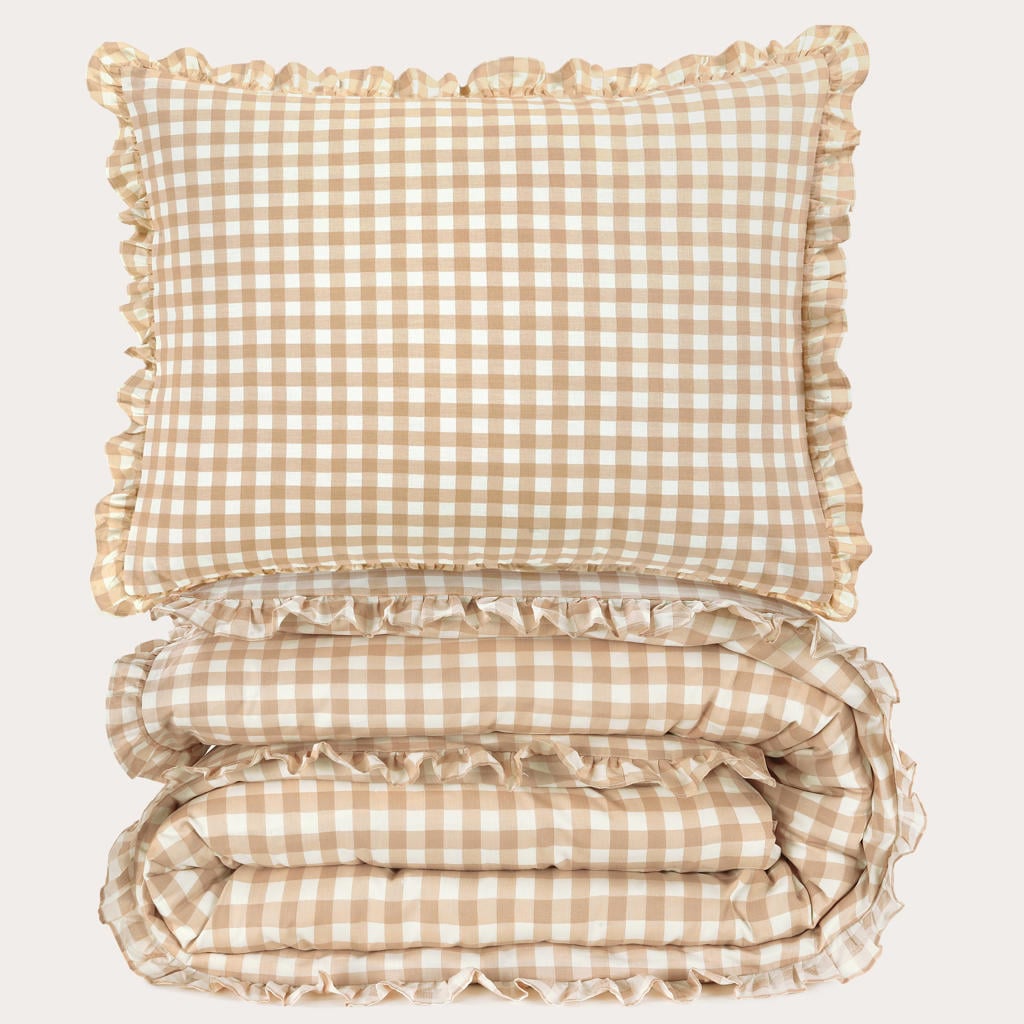 NOUS Living katoenen geruite ruffle 1-persoons dekbedovertrek 140x220 cm - beige