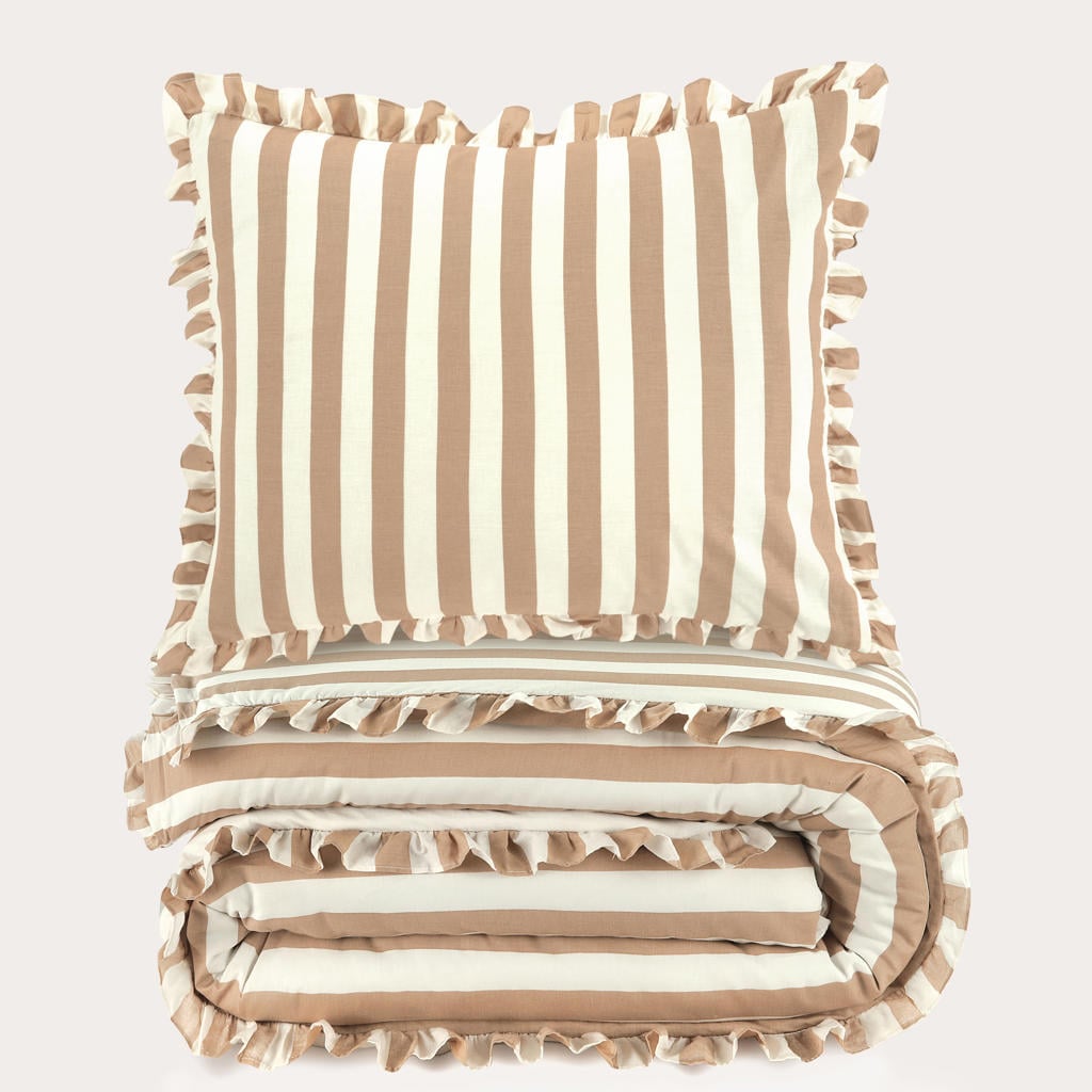 NOUS Living katoenen gestreept ruffle 1-persoons dekbedovertrek 140x220 cm - beige