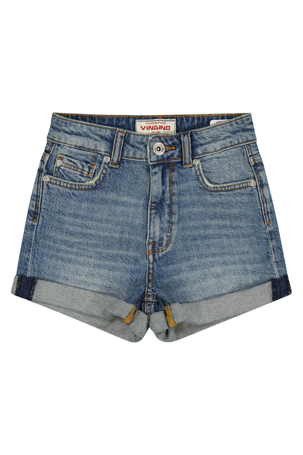 Medium blue denim meisjes Vingino regular waist short van denim met rits- en knoopsluiting en effen