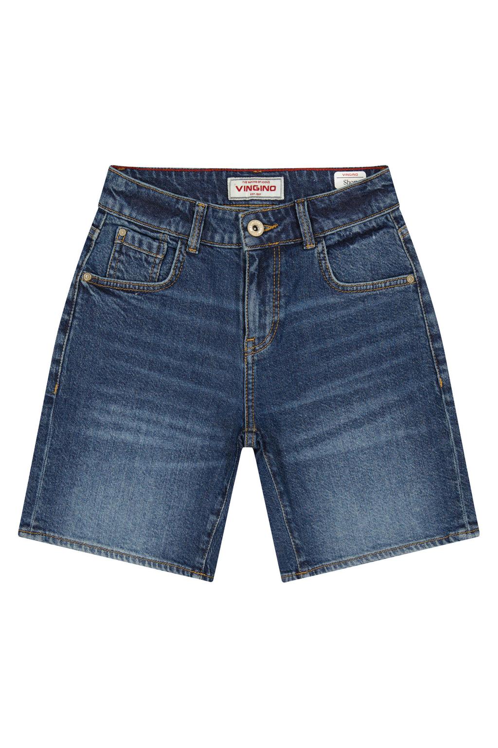 Medium blue denim jongens Vingino regular waist short van denim met rits- en knoopsluiting en effen