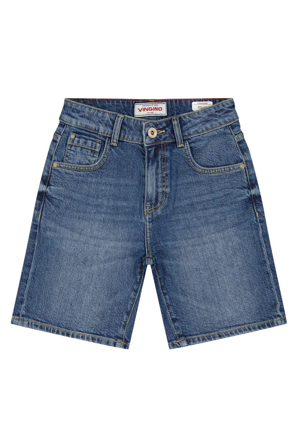 Medium blue denim jongens Vingino regular waist short van denim met rits- en knoopsluiting en effen