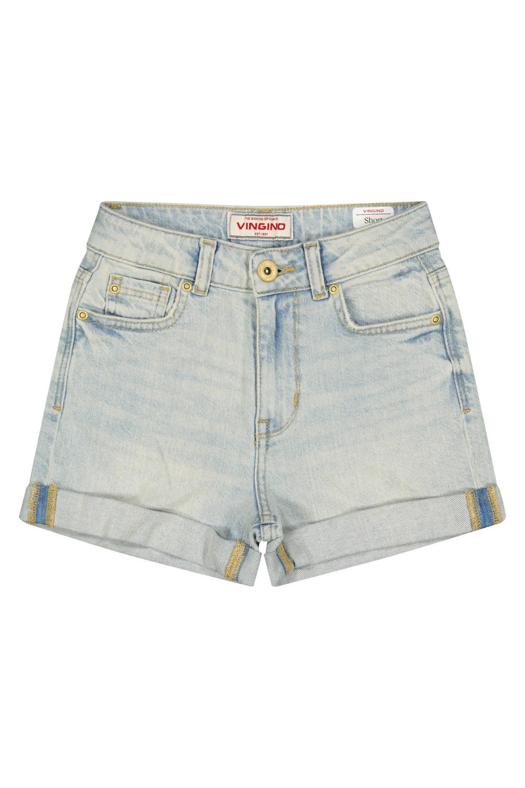 Light blue denim meisjes Vingino regular waist short van denim met rits- en knoopsluiting en effen