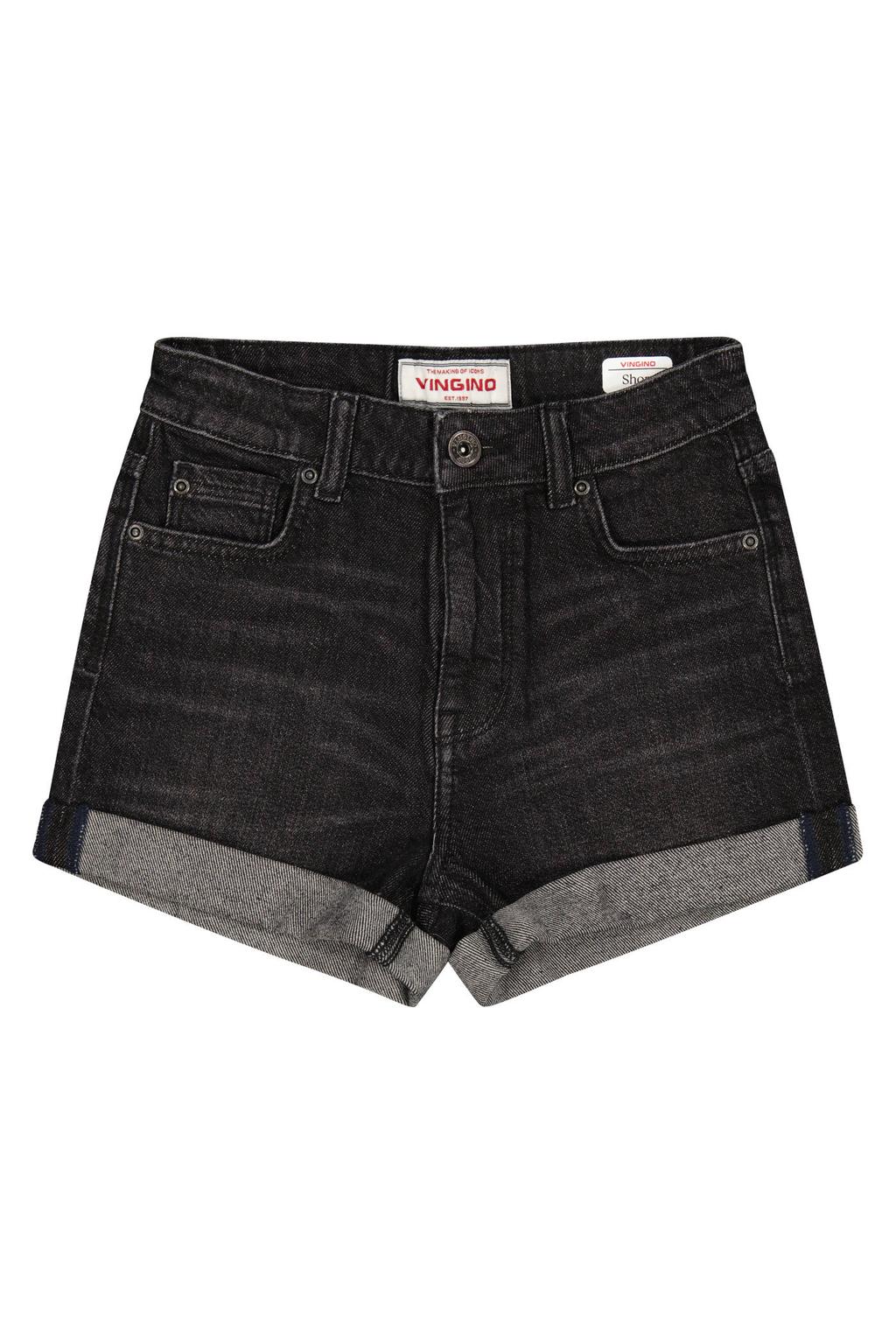 Black denim meisjes Vingino regular waist short black van denim met rits- en knoopsluiting en effen