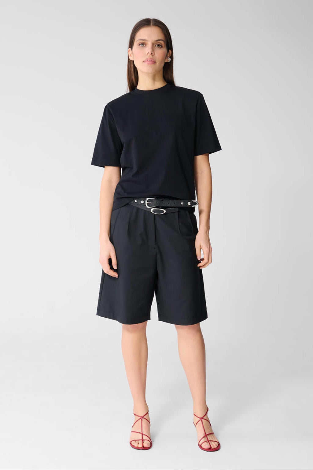 Zwarte dames Shoeby wide leg high waist bermuda short met rits- en knoopsluiting en effen
