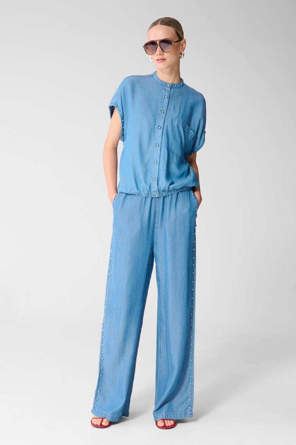 Medium blue denim dames Shoeby wide leg regular waist broek van lyocell met effen