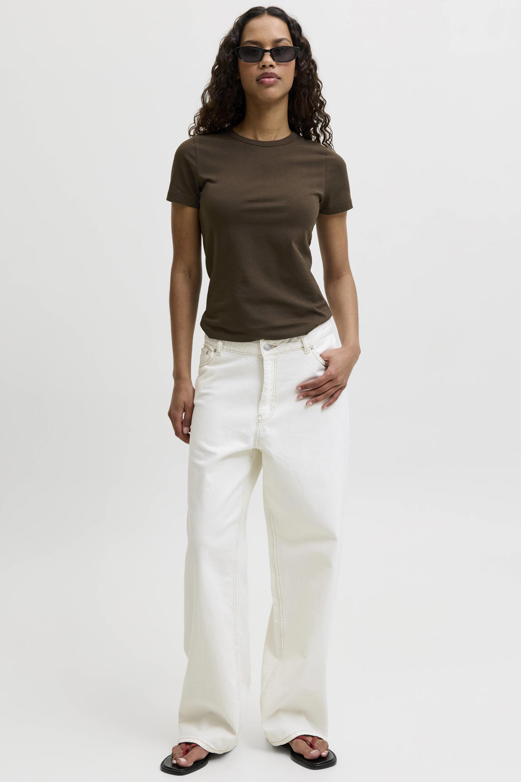 Bruine dames JJXX T-shirt van katoen met effen, korte mouwen en ronde hals