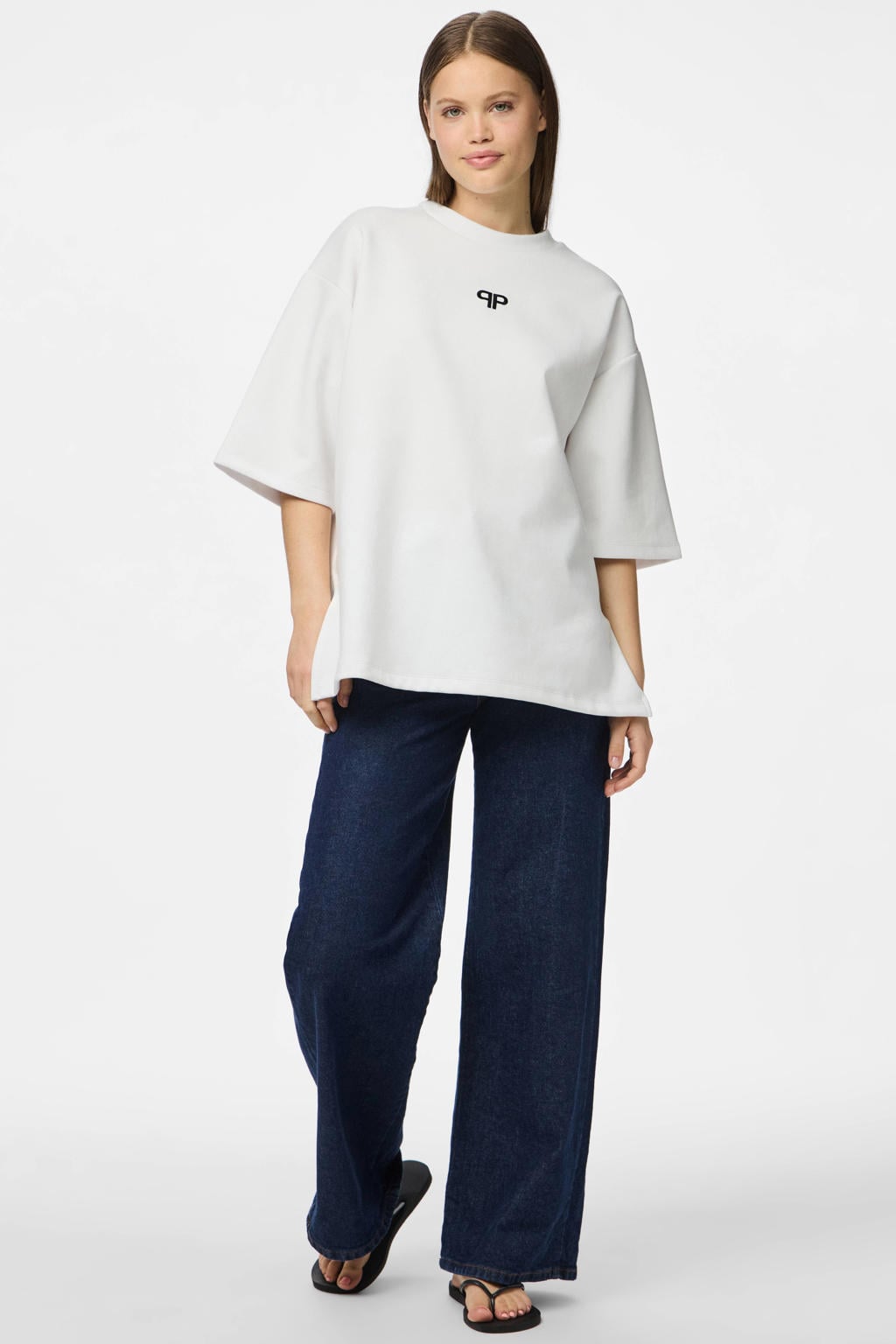 Ecru dames PIECES T-shirt van katoen met effen, driekwart mouwen, ronde hals en borduursels