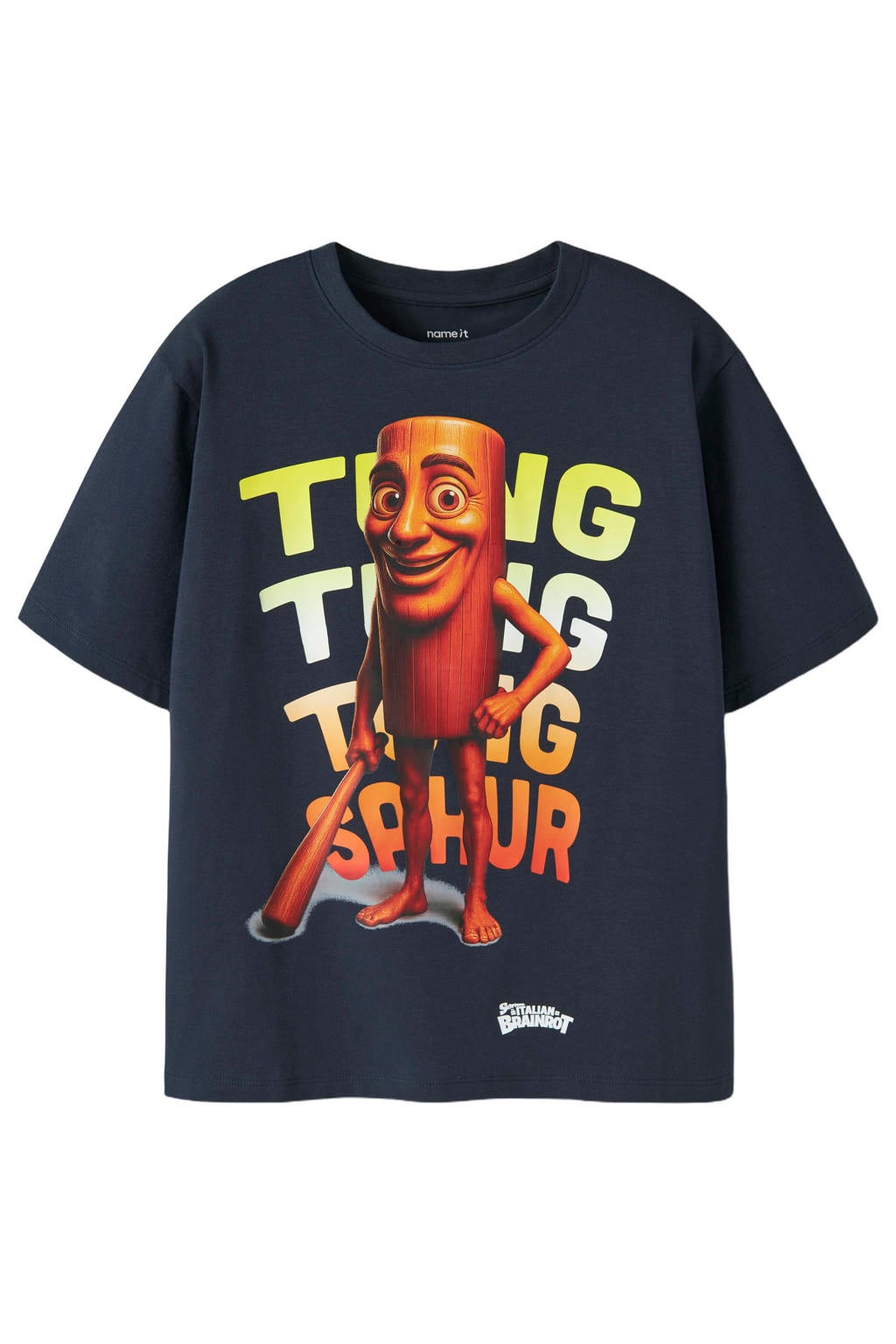 Donkerblauwe jongens NAME IT KIDS T-shirt van stretchkatoen met printopdruk, korte mouwen en ronde hals