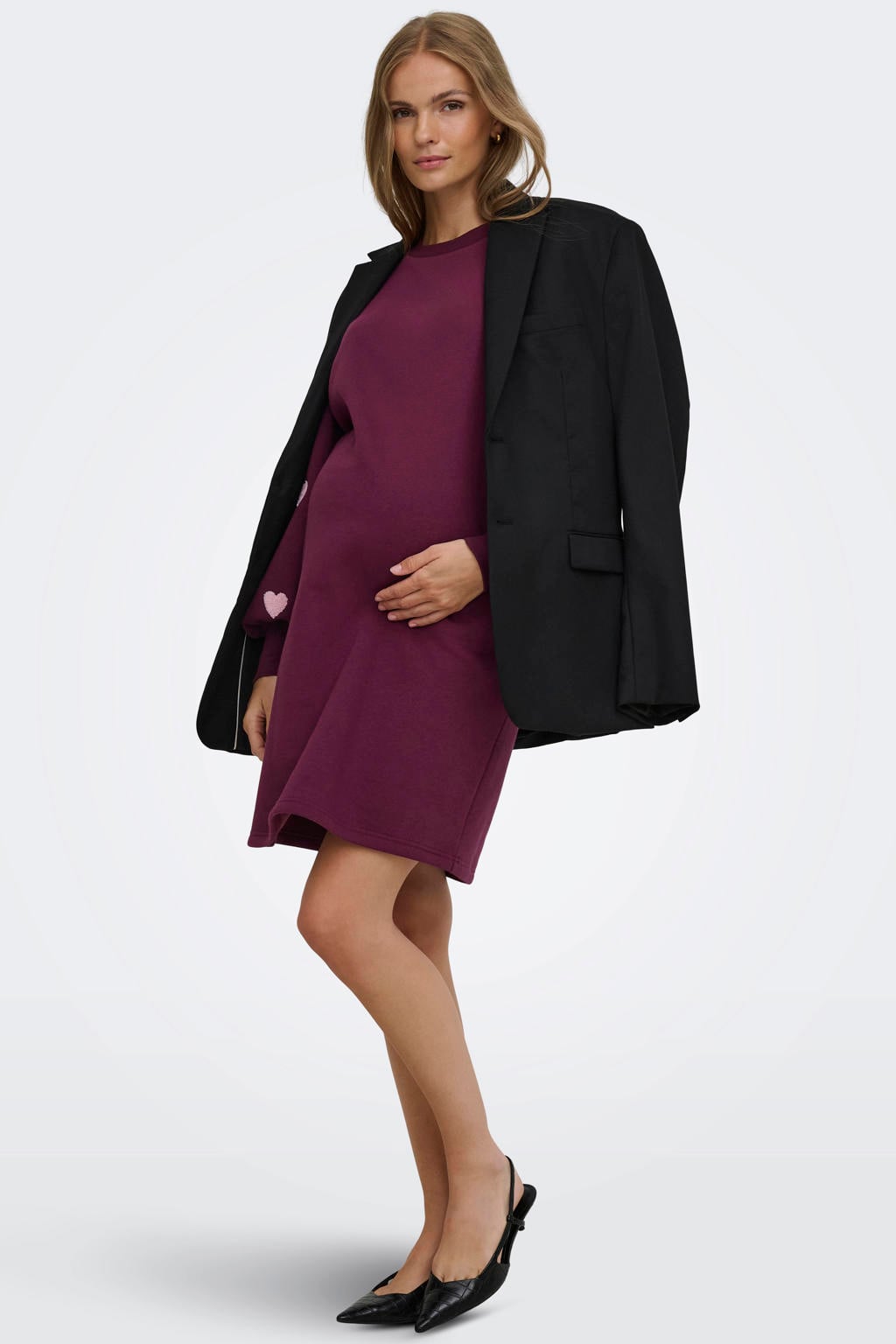 Donkerpaarse dames ONLY MATERNITY zwangerschapssweatjurk en hartjes met lange mouwen, ronde hals en borduursels