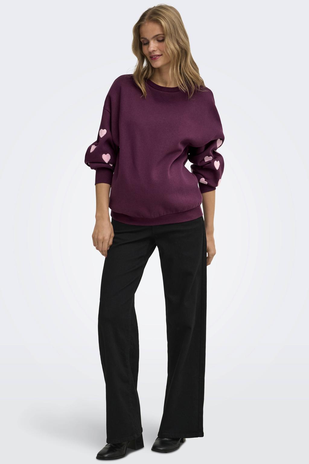 Donkerpaarse dames ONLY MATERNITY rechtvallend zwangerschapssweater en hartjes met lange mouwen, ronde hals en borduursels