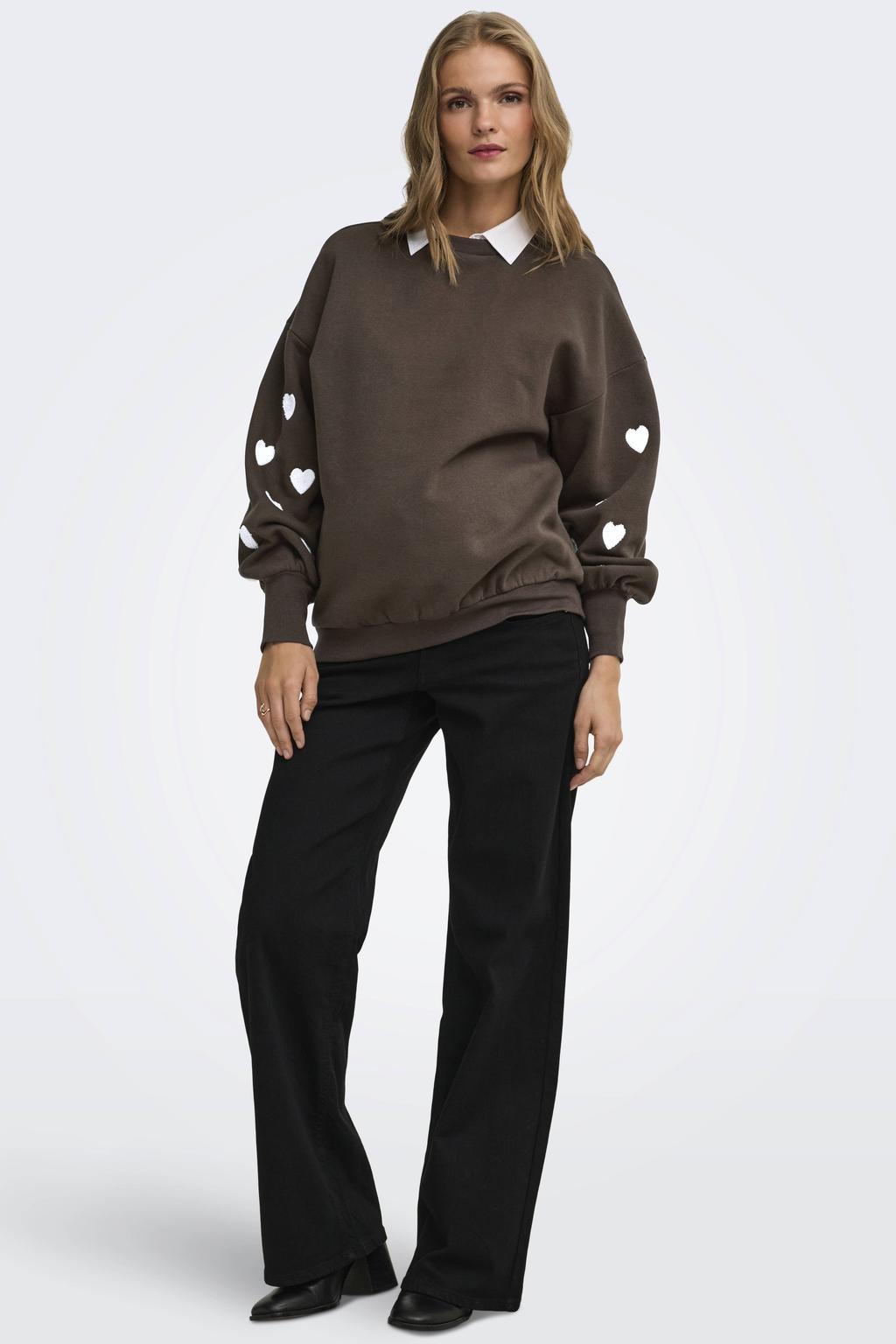 Bruine dames ONLY MATERNITY rechtvallend zwangerschapssweater en hartjes met lange mouwen, ronde hals en borduursels