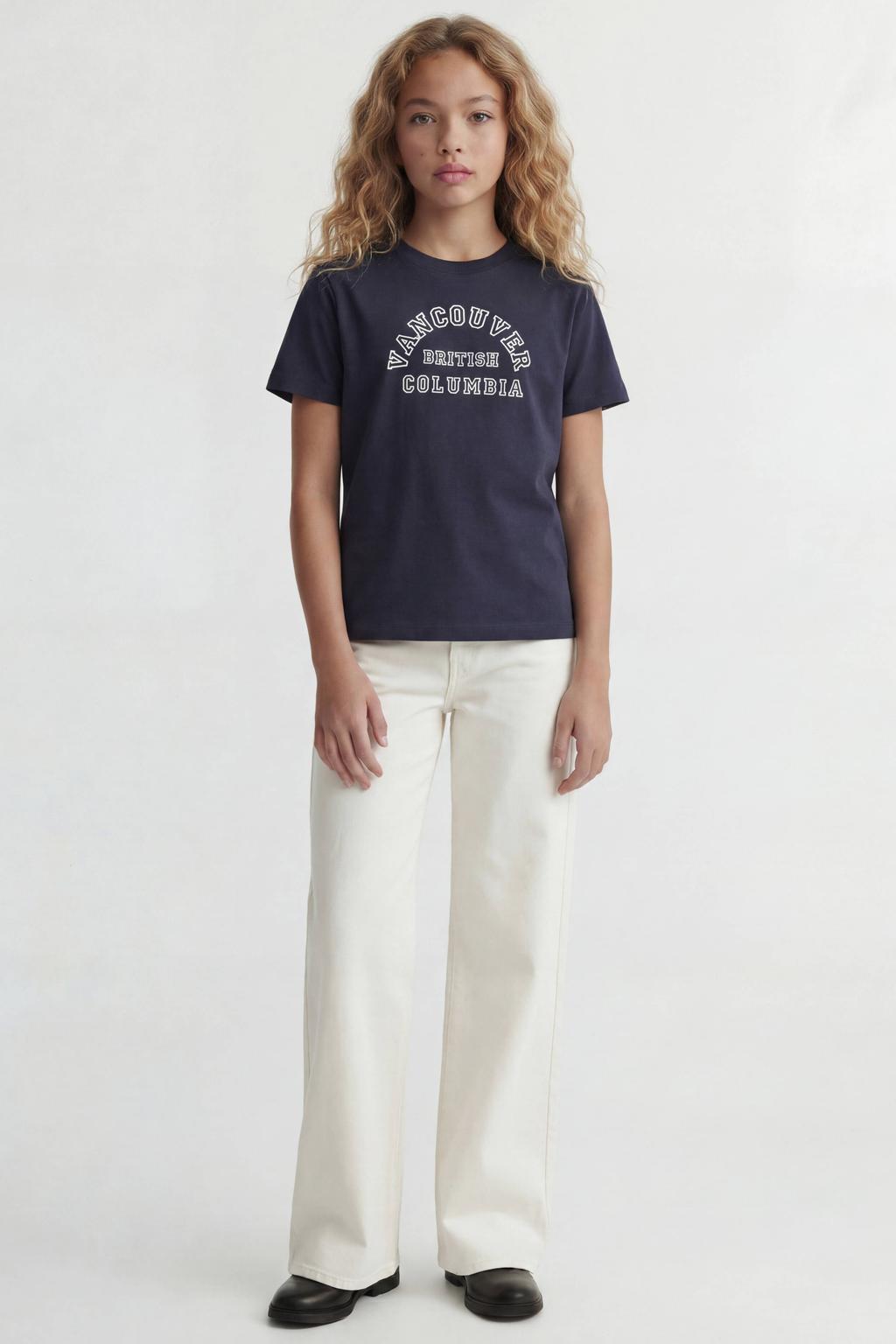 Donkerblauwe meisjes JJXX GIRL T-shirt van katoen met tekst print, korte mouwen en ronde hals