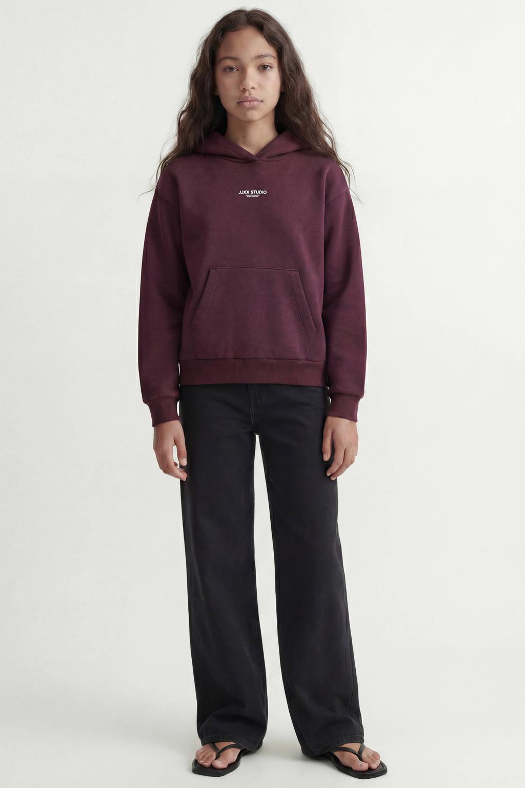 Donkerrode meisjes JJXX GIRL sweat hoodie met tekst print, lange mouwen en capuchon