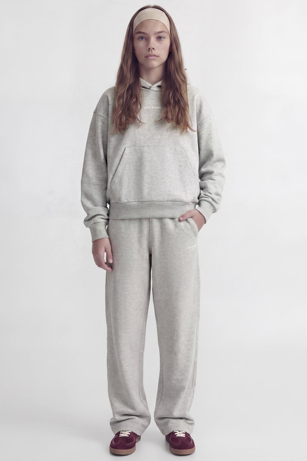 Grijs melange meisjes JJXX GIRL joggingbroek van sweat materiaal met elastische tailleband met koord en effen