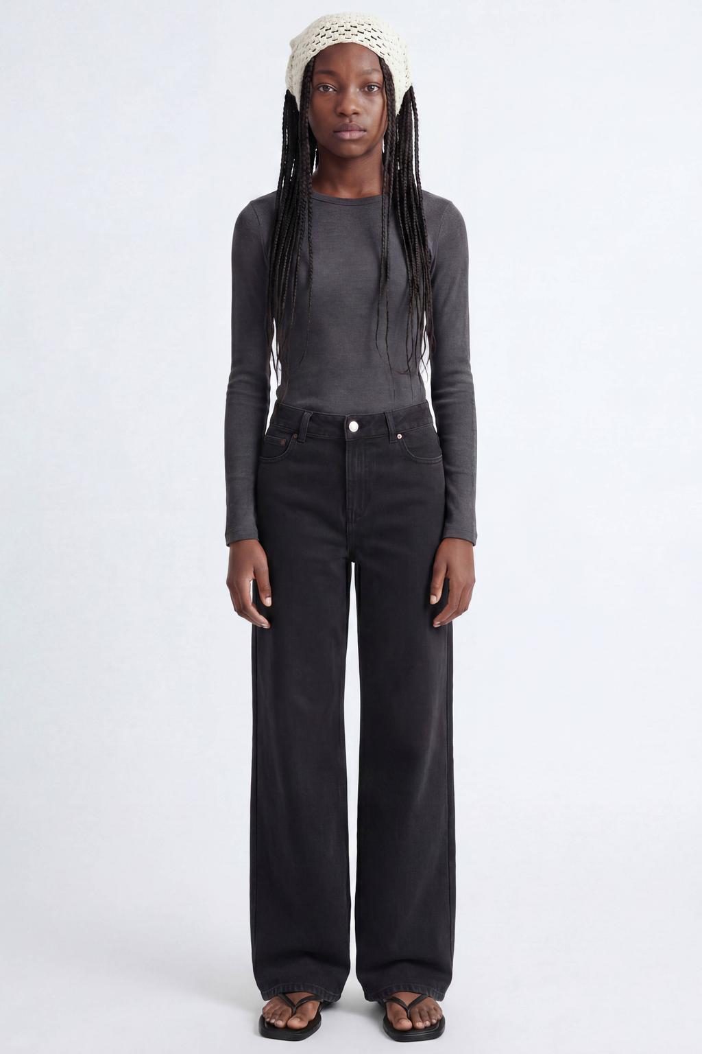 Black denim meisjes JJXX GIRL wide leg jeans van stretchdenim met high waist, rits- en knoopsluiting en effen
