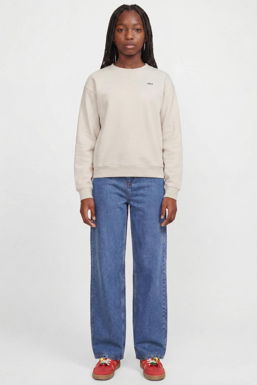 Beige meisjes JJXX GIRL sweater- met effen, lange mouwen, ronde hals en geribde boorden