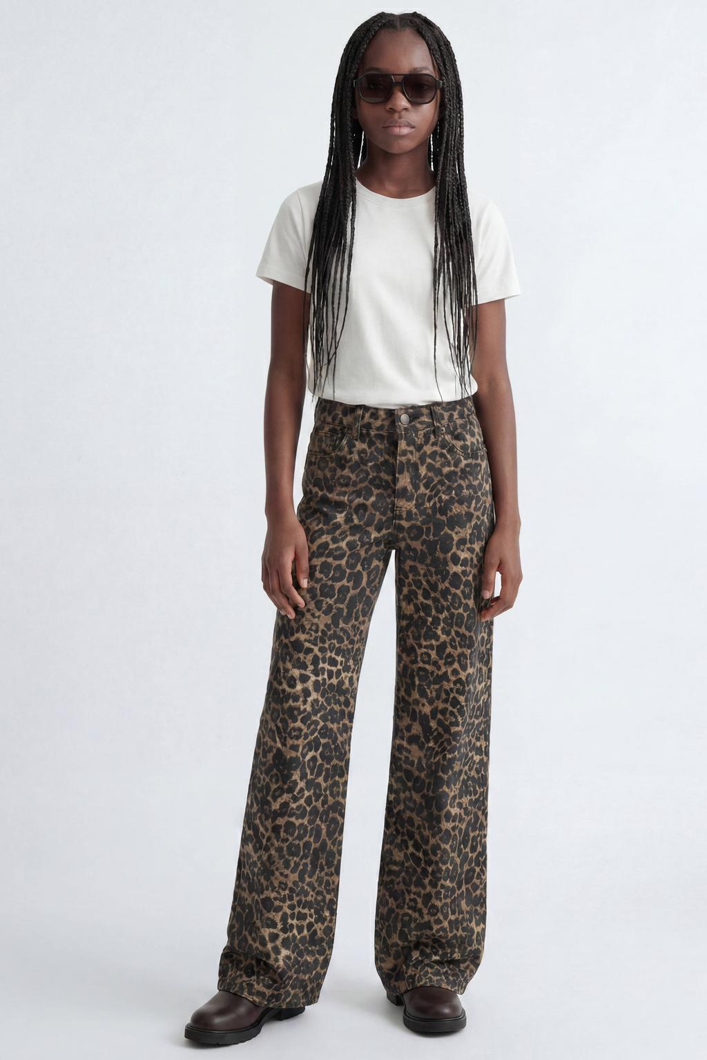 Bruine meisjes JJXX GIRL wide leg casual broek van stretchkatoen met ritssluiting en panterprint