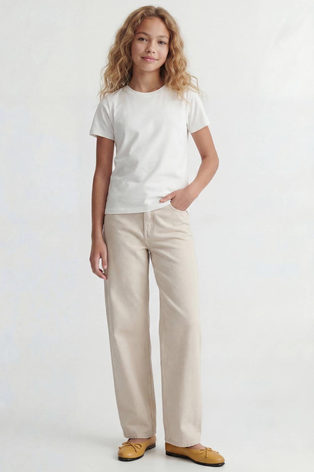 Beige meisjes JJXX GIRL barrel jeans van denim met regular waist, rits- en knoopsluiting en effen