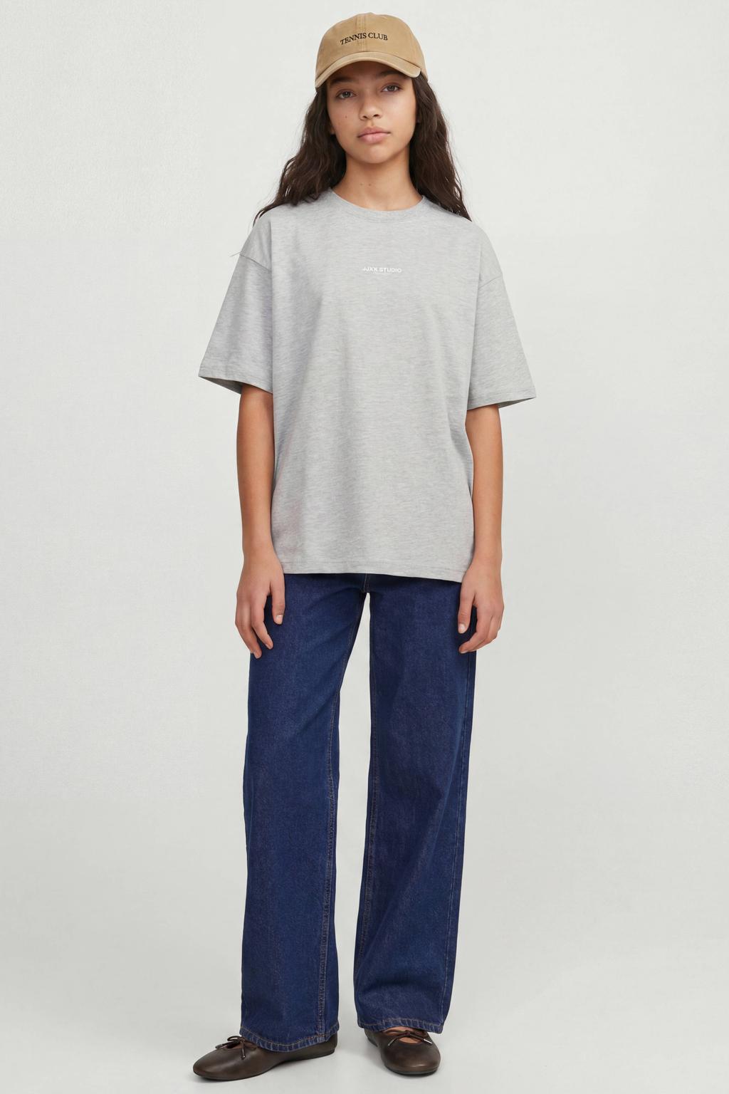 Grijs melange meisjes JJXX GIRL T-shirt van katoen met tekst print, korte mouwen en ronde hals