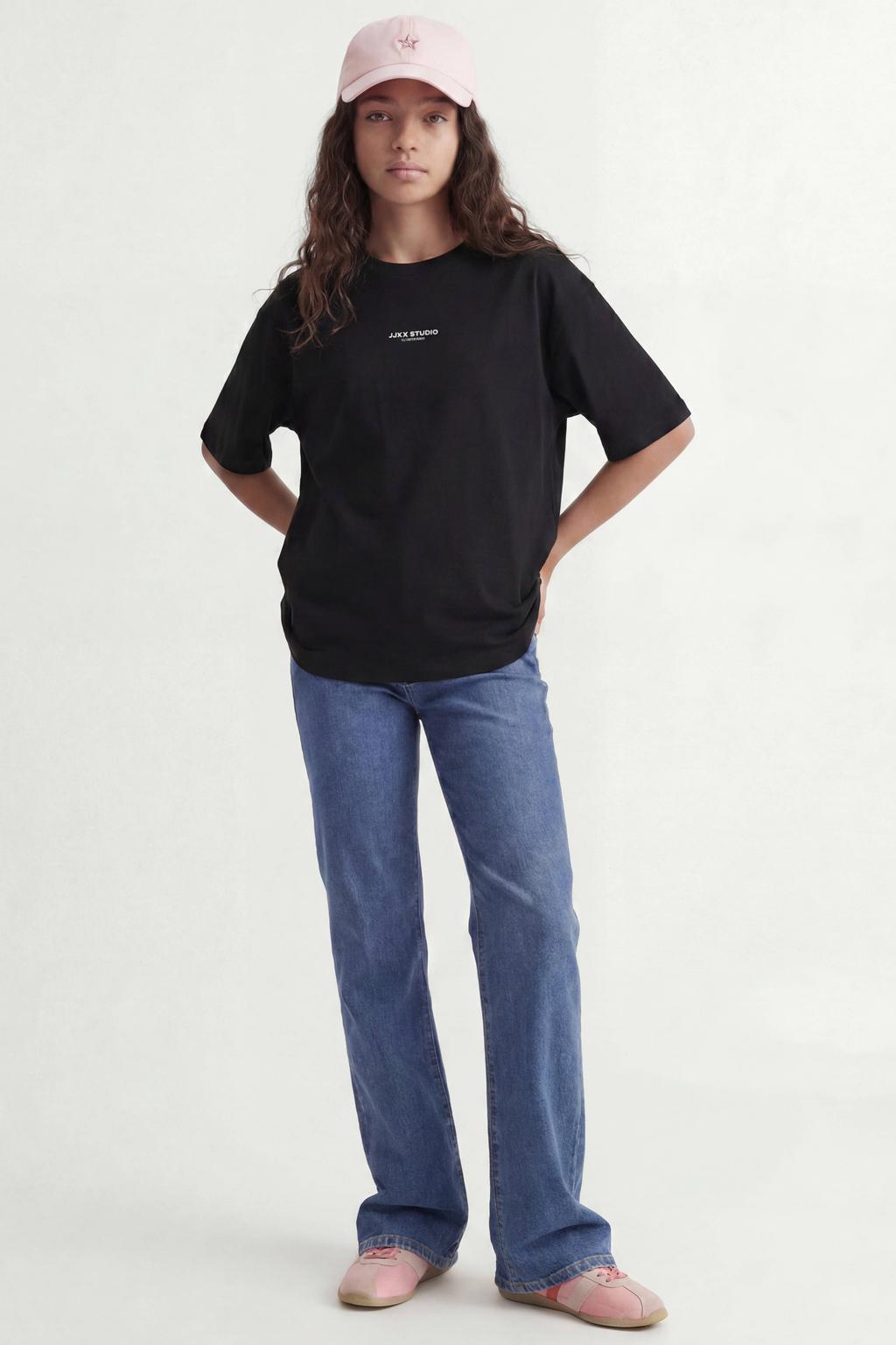 Zwarte meisjes JJXX GIRL T-shirt van katoen met tekst print, korte mouwen en ronde hals