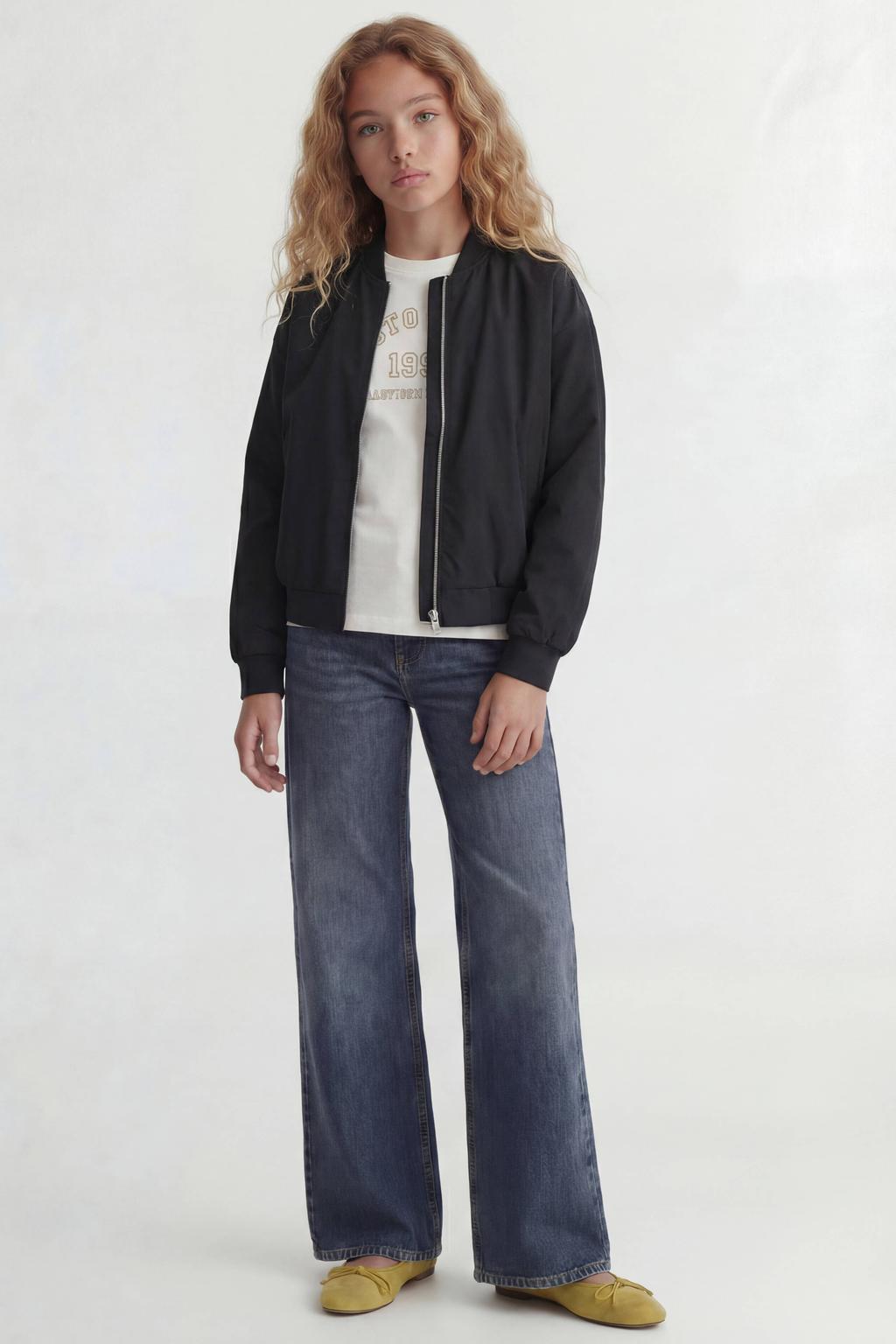 Zwarte meisjes JJXX GIRL bomberjack van polyester met effen, lange mouwen, ronde hals, ritssluiting en geribde boorden