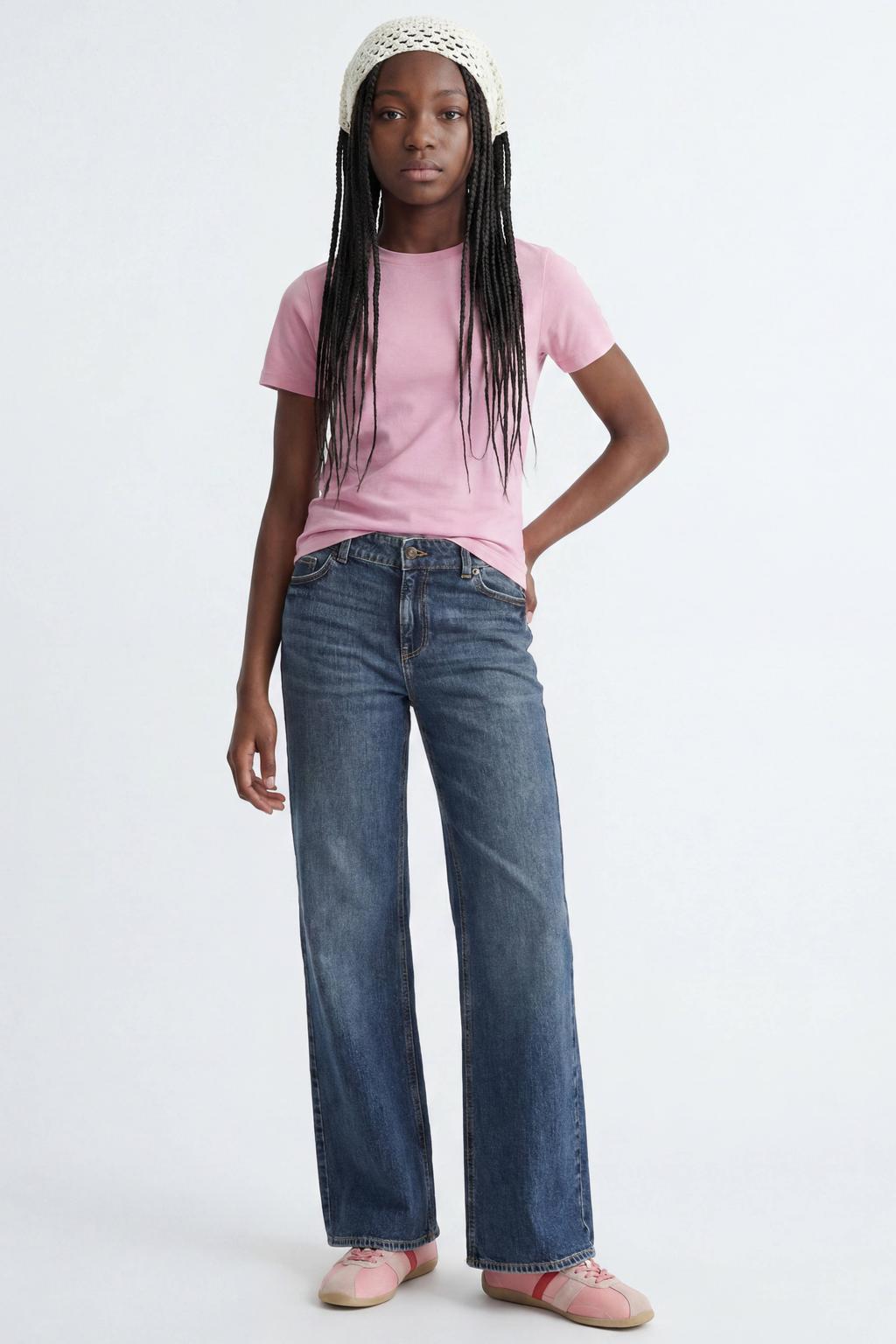 Roze meisjes JJXX GIRL T-shirt van stretchkatoen met effen, korte mouwen en ronde hals