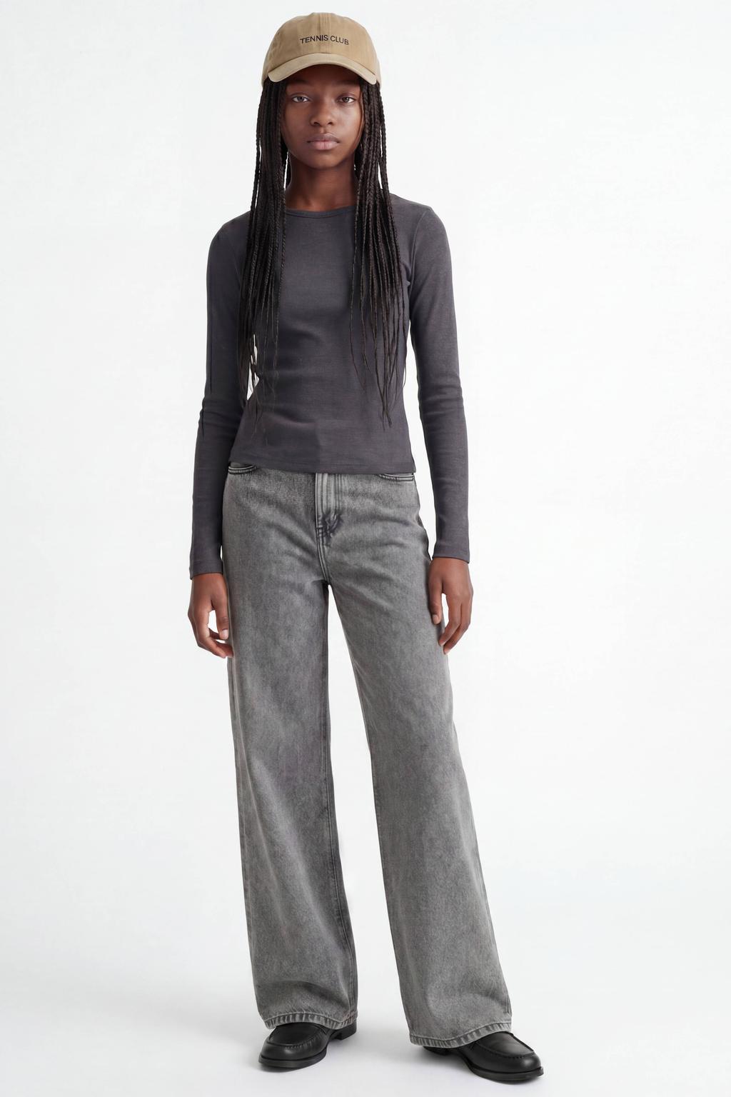 Grey denim meisjes JJXX GIRL wide leg jeans van denim met high waist, ritssluiting en effen