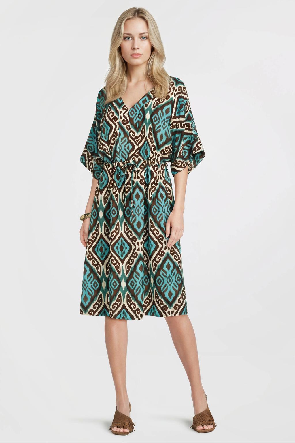 Blauw en bruine dames Geisha viscose zomerjurk met half lange mouwen, V-hals, striksluiting en geweven detail