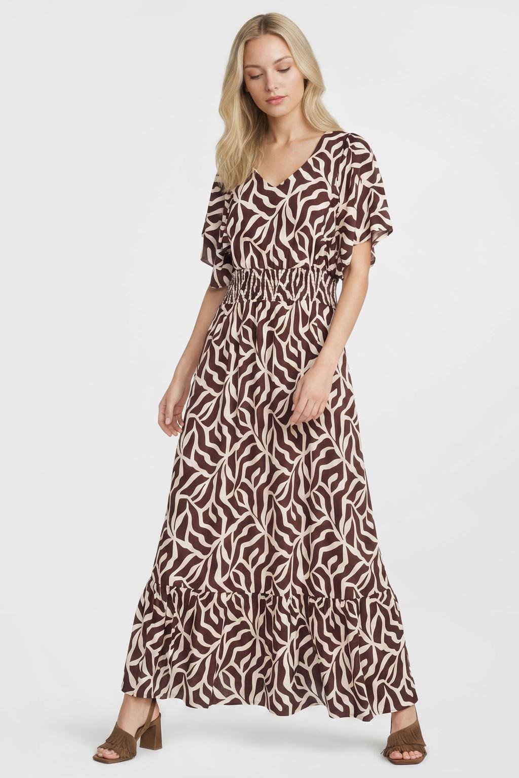 Donkerbruin en ecru dames Geisha maxi jurk van viscose met korte mouwen, V-hals en elastische tailleband