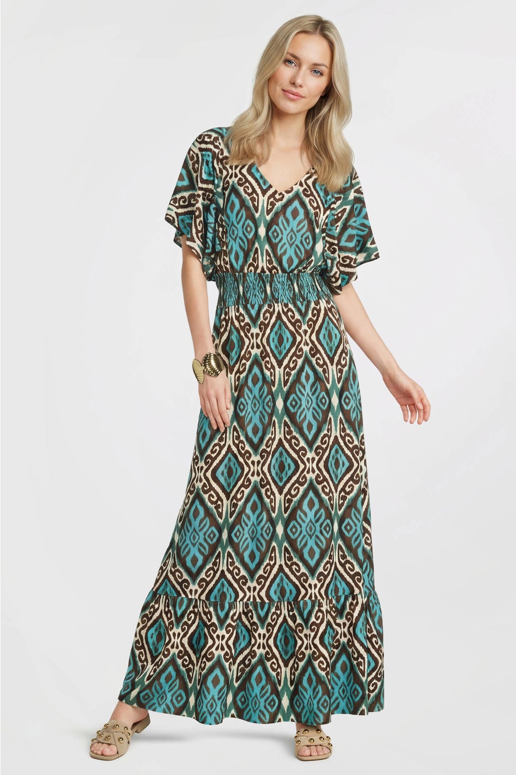 Blauw en donkerblauwe dames Geisha viscose maxi jurk met print met korte mouwen en V-hals