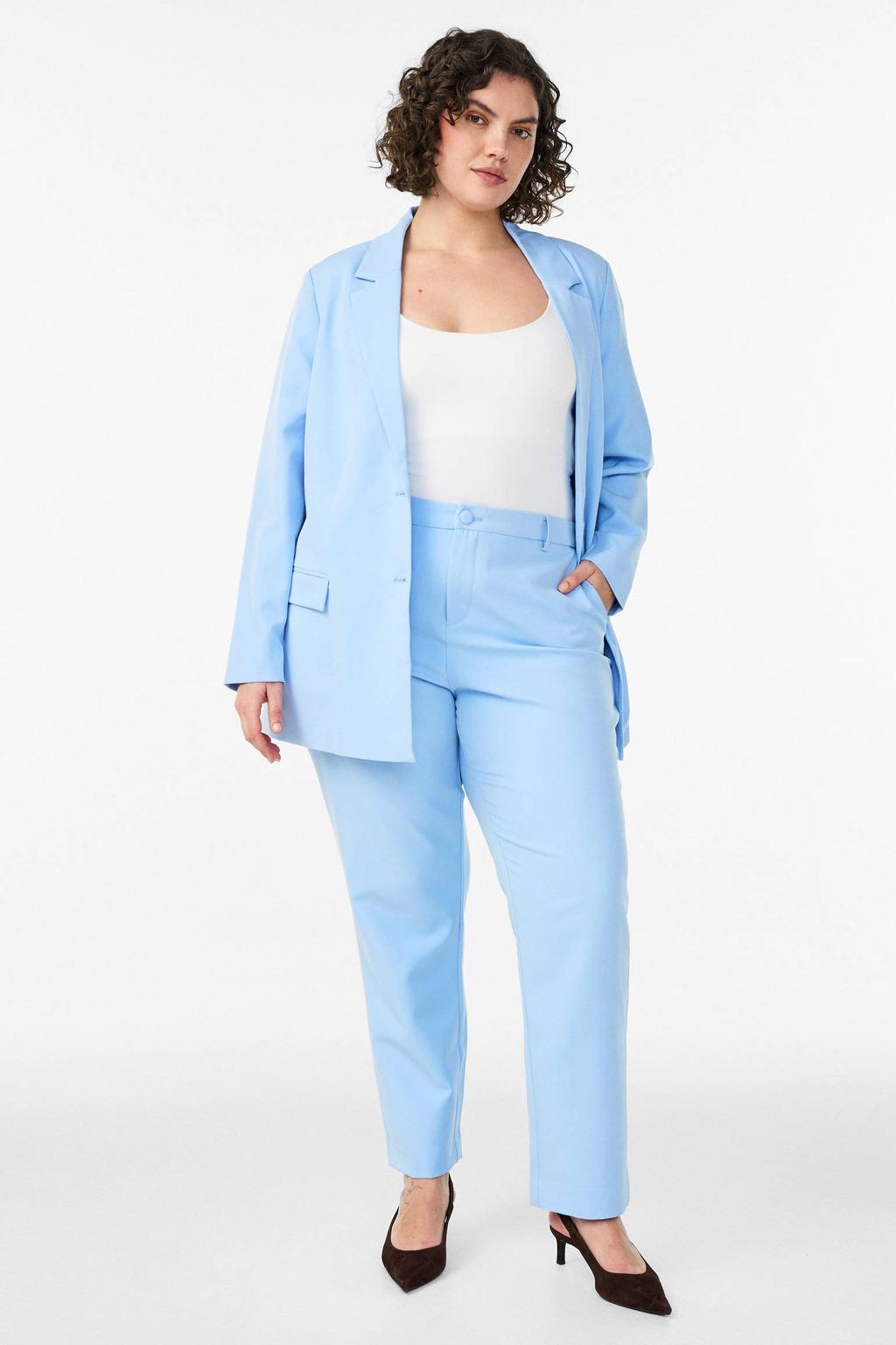 Blauwe dames Zizzi regular blazer van polyester met effen, lange mouwen, reverskraag en knoopsluiting