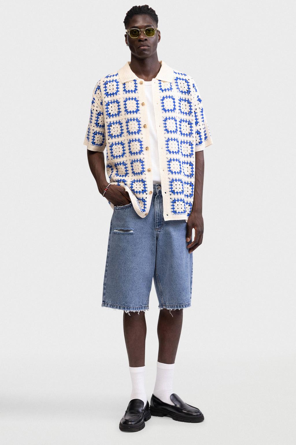 Blauwe heren Redefined Rebel loose casual overhemd crochet van acryl met korte mouwen, klassieke kraag en knoopsluiting