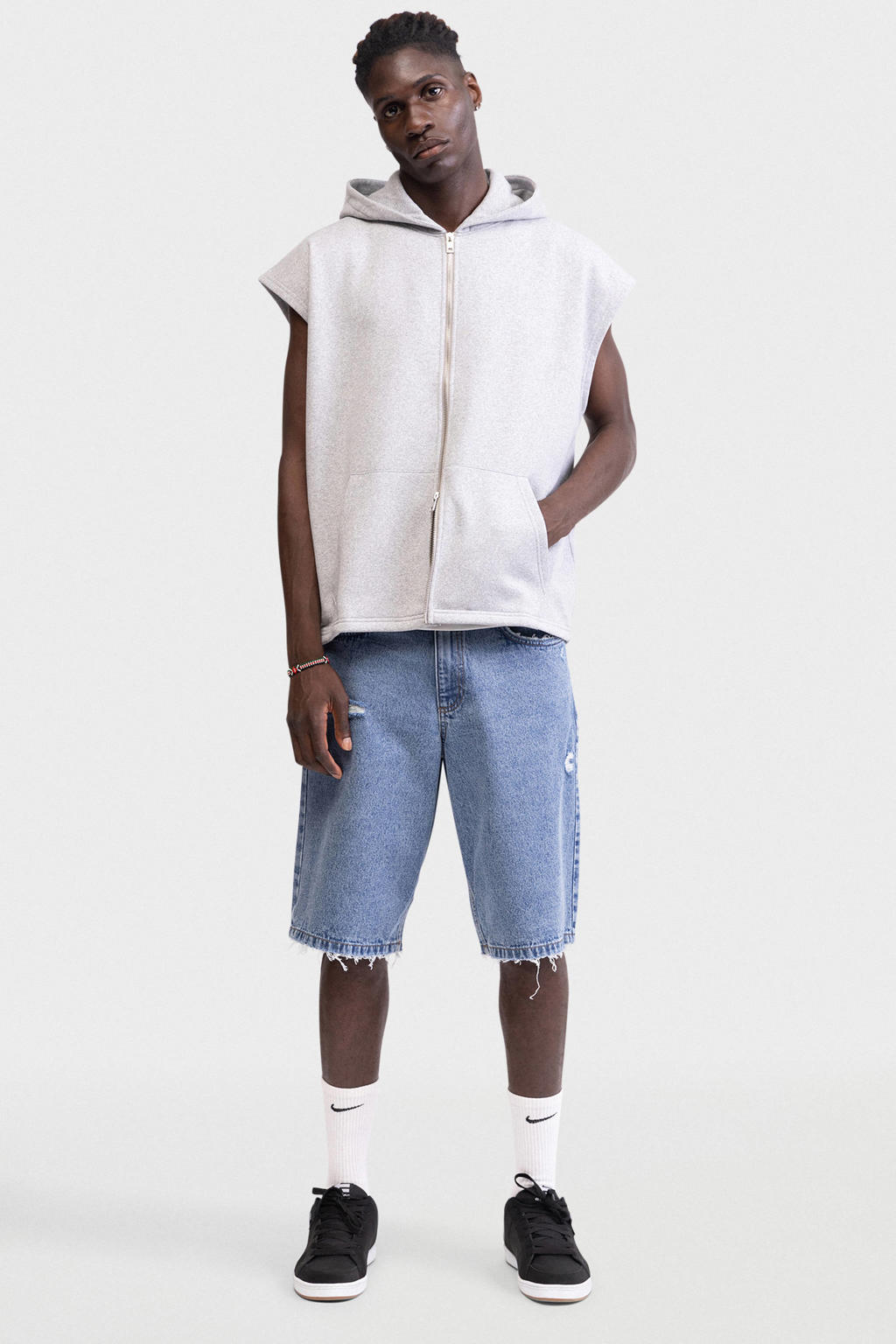 Grijze heren Redefined Rebel sweatvest met effen, capuchon en ritssluiting