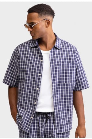 katoenen loose fit geruit overhemd - donkerblauw
