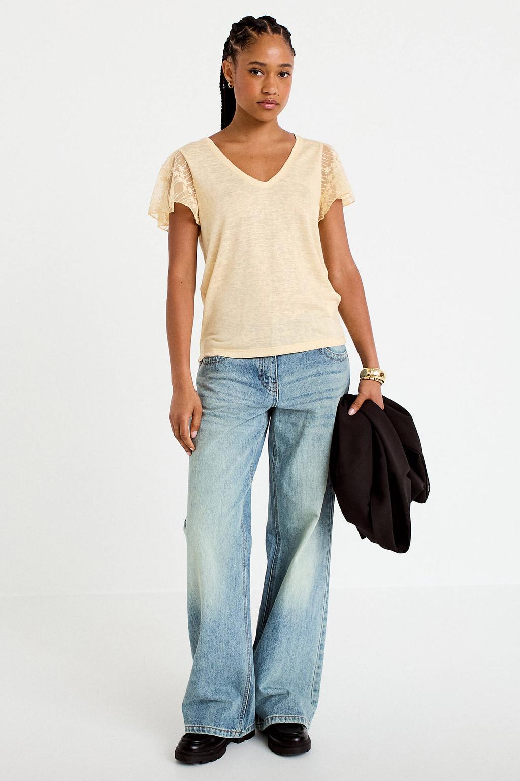 Gele dames Cache Cache T-shirt van viscose met effen, korte mouwen, V-hals en borduursels