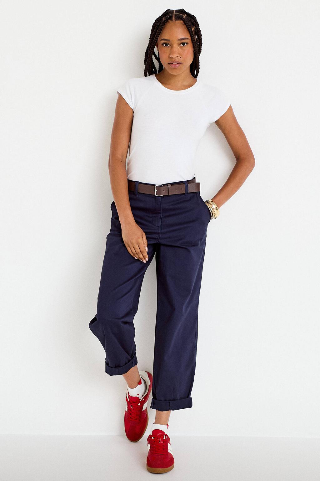 Marineblauw dames Cache Cache straight regular waist cropped broek van katoen met rits- en knoopsluiting en effen
