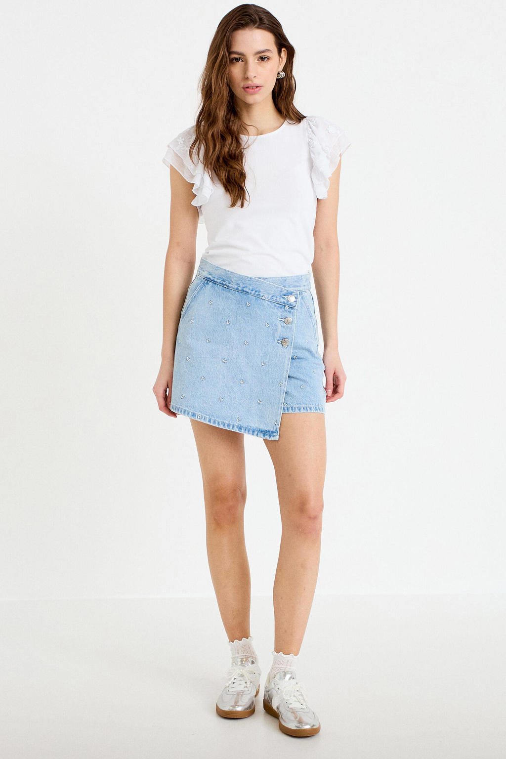 Ecru dames Cache Cache T-shirt van katoen met effen, korte mouwen, ronde hals en borduursels