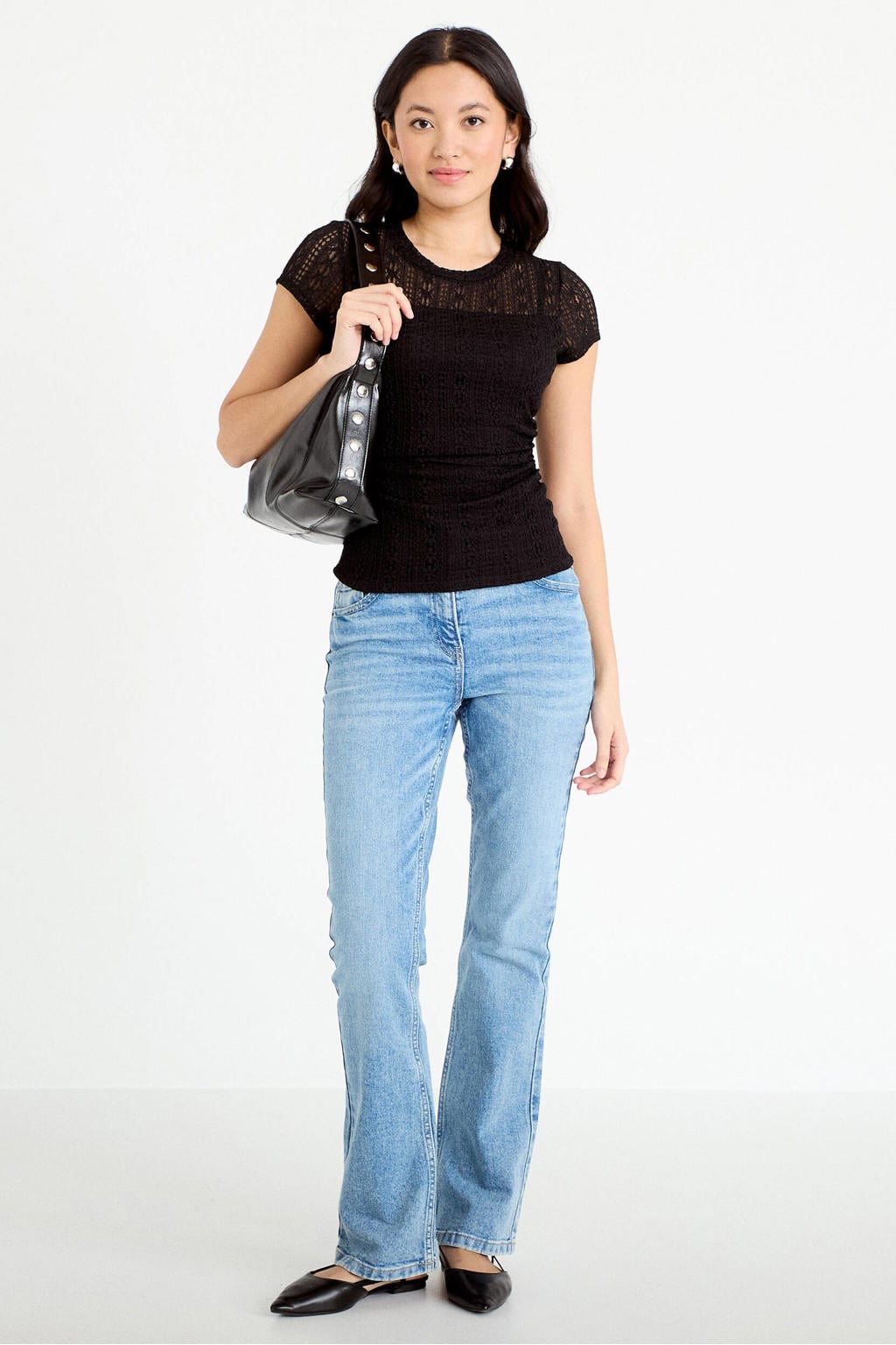 Zwarte dames Cache Cache top van polyester met effen, korte mouwen, ronde hals en semi-transparante details