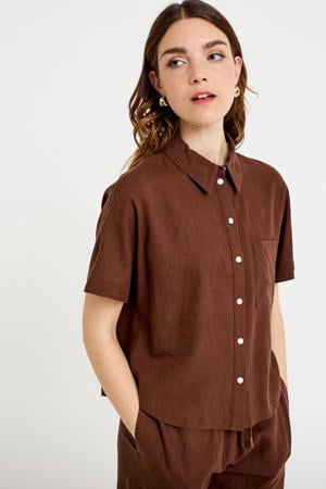 blouse met linnen bruin