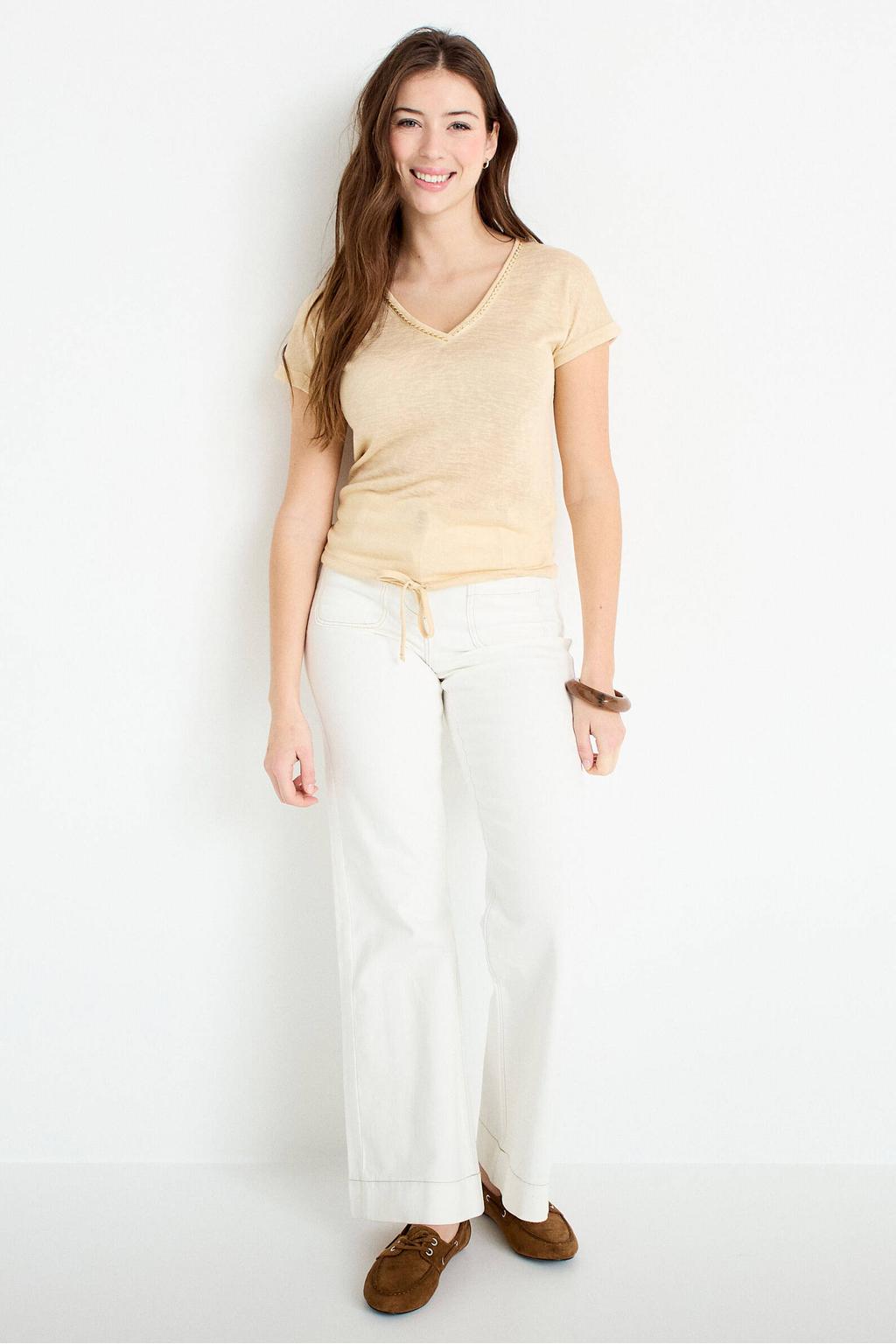 Zandkleurige dames Cache Cache top van viscose met effen, korte mouwen, V-hals en striksluiting