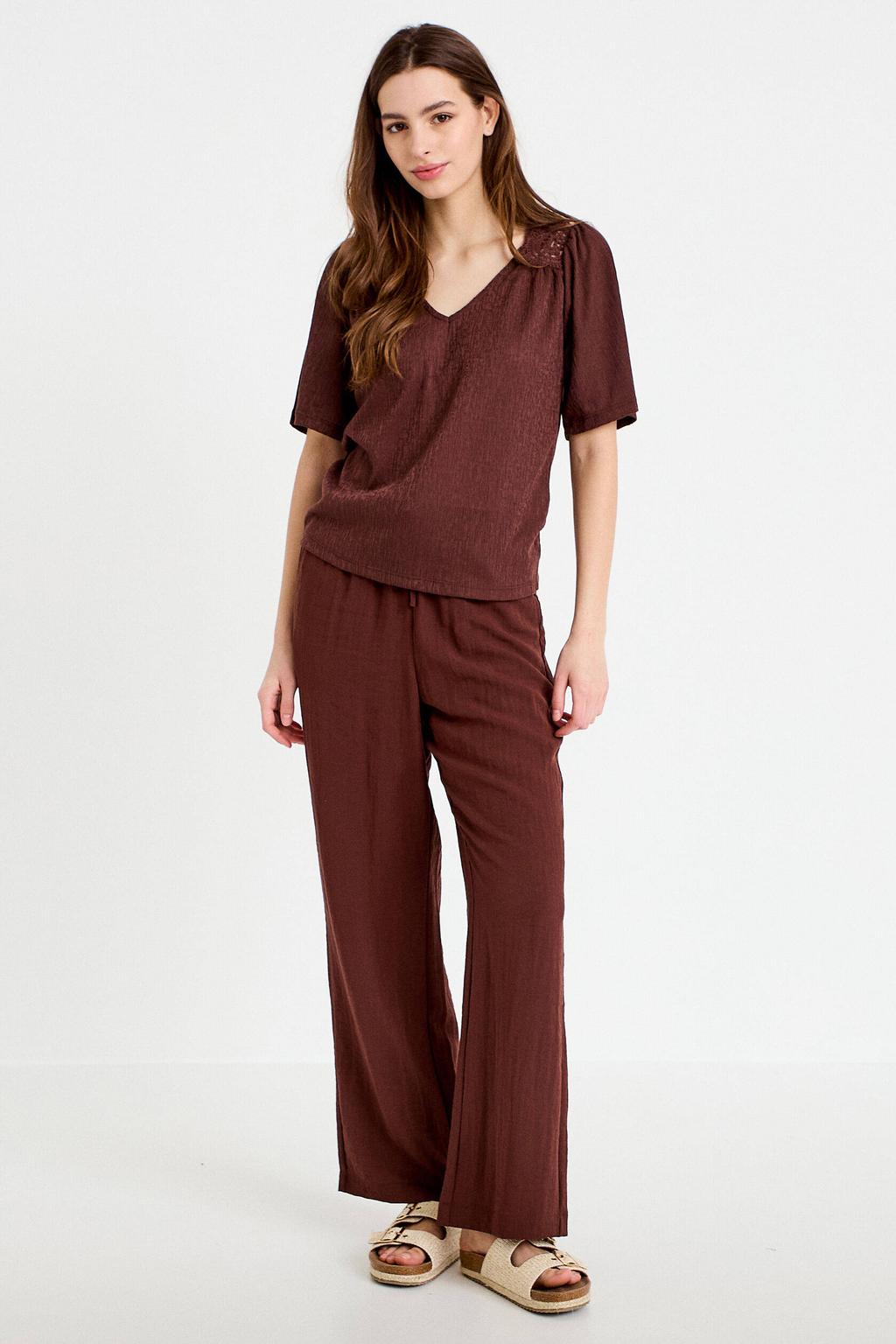 Bruine dames Cache Cache top gehaakt van polyester met effen, korte mouwen en V-hals