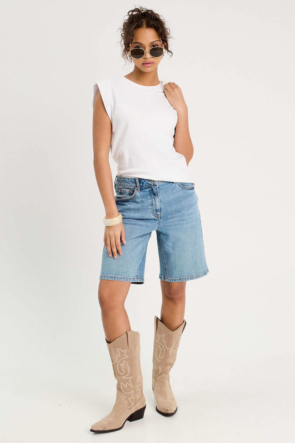 Medium blue denim dames Cache Cache straight short van denim met effen en rits- en knoopsluiting
