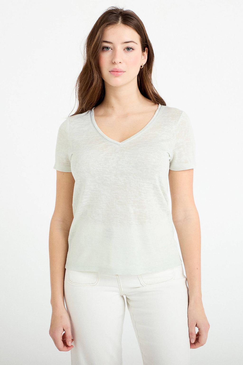 Lichtgroene dames Cache Cache T-shirt van viscose met effen, korte mouwen, V-hals en glitters