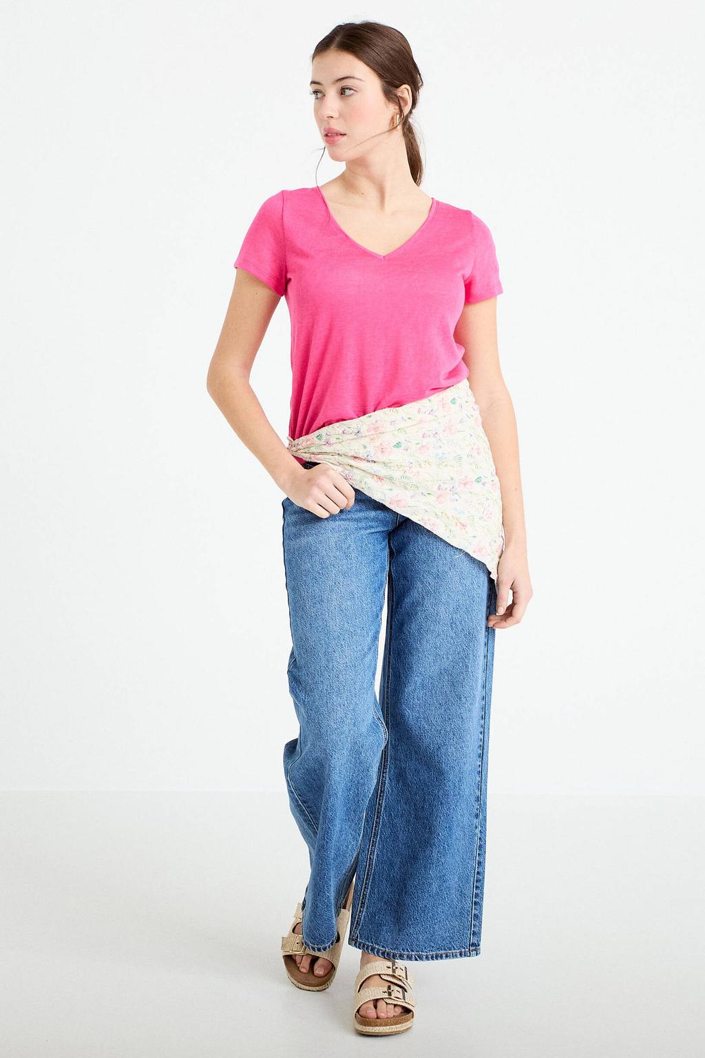 Roze dames Cache Cache top van viscose met effen, korte mouwen, V-hals en strikje